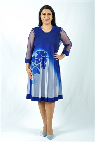 Büyük Beden Abiye Elbise Saks Mavisi Tül Çiçek Desenli | EmworkXXL
