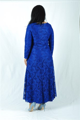 Büyük Beden Uzun Dantel Güpür Saks Mavisi Elbise
